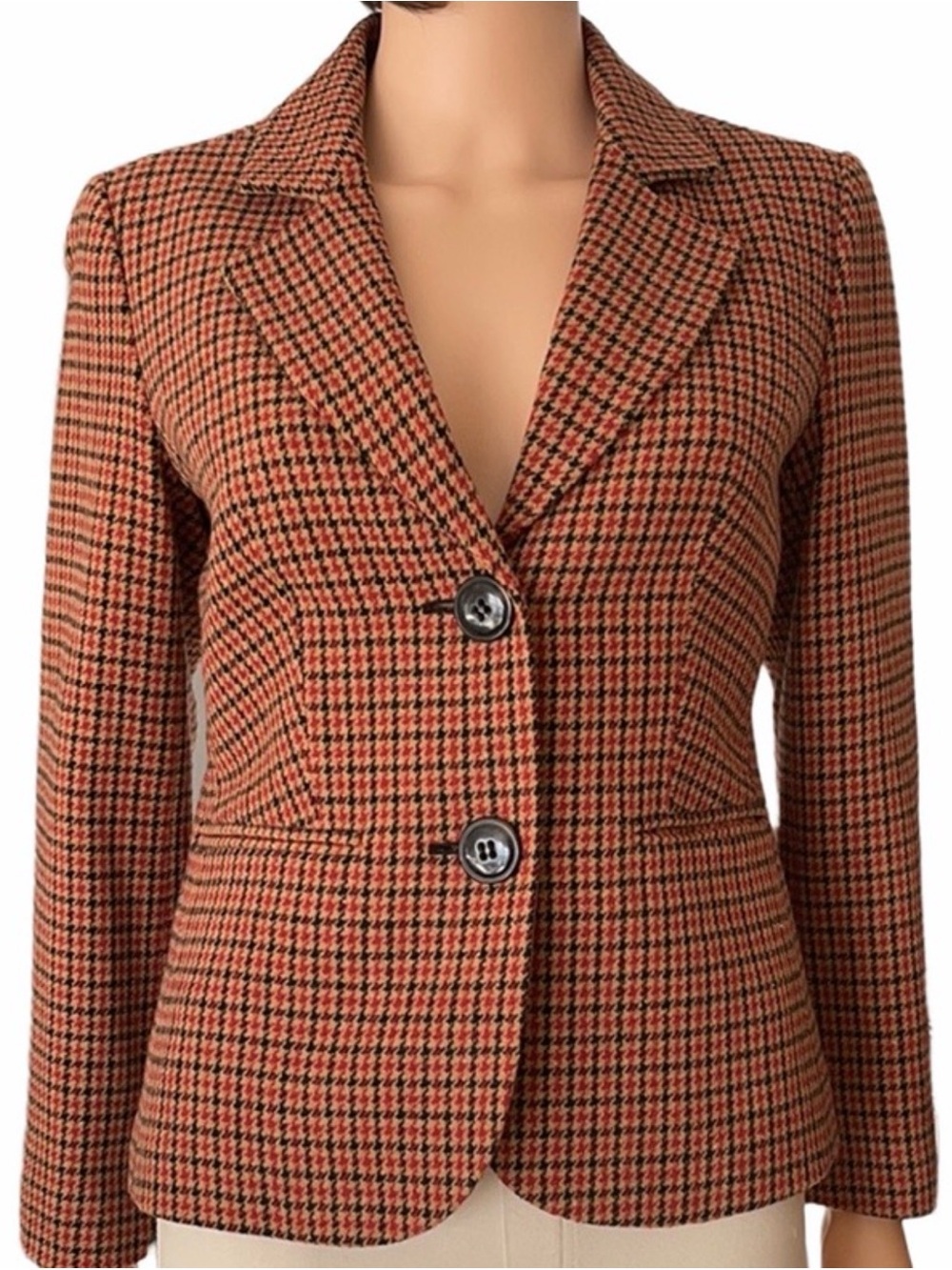 Talbots 100% Wool Rust Orange & Brown Houndstooth Blazer Jacket